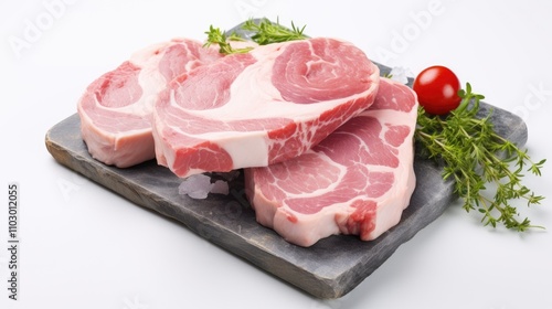 Raw pork chops on a stone platter with fresh herbs and cherry tomato against a clean white background ideal for culinary presentations