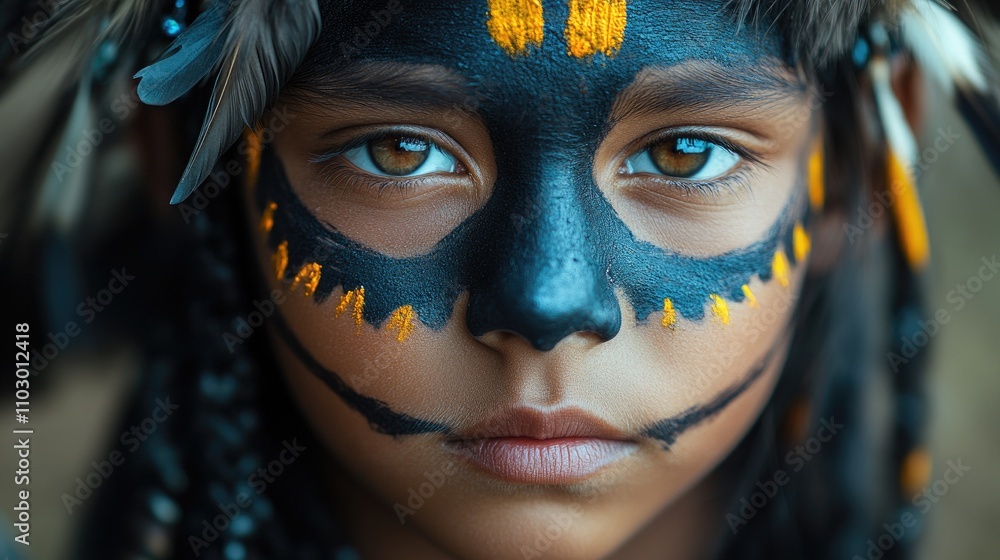 Child adorned with traditional face paint featuring black and orange designs showcasing cultural heritage and artistic expression. Child adorned with traditional face paint featuring black and orange designs showcasing cultural heritage and artistic expression.