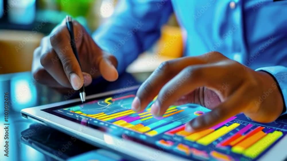 A person analyzing data on a tablet, using a stylus to interact with colorful graphs. A person analyzing data on a tablet, using a stylus to interact with colorful graphs.