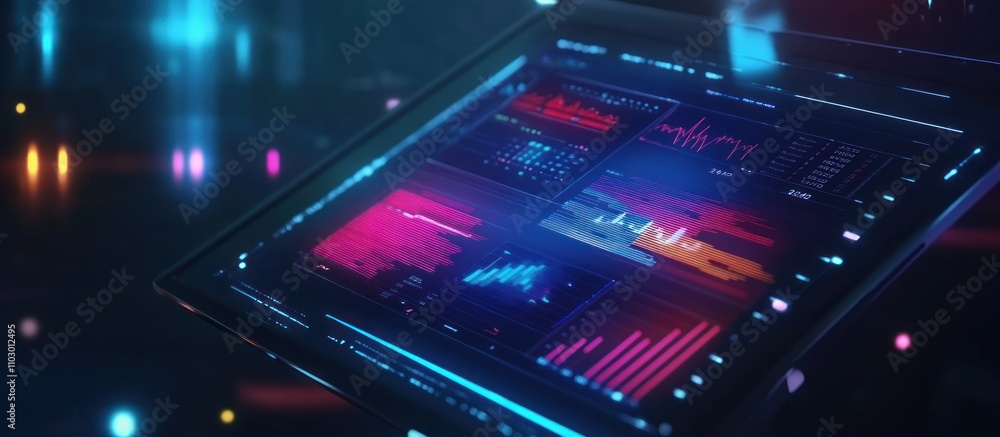 Futuristic tablet displaying vibrant data graphs and charts. Futuristic tablet displaying vibrant data graphs and charts.