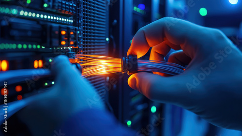 Fiber Optic High-Technology: Technicians Splicing Cables in Advanced Server Systems Close up of technician splicing fiber optic cables in server room