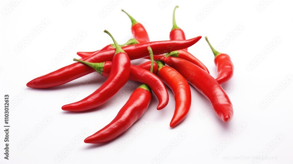 Fresh red chili peppers artistically arranged on a clean white background highlighting their vibrant color and texture for culinary use. Fresh red chili peppers artistically arranged on a clean white background highlighting their vibrant color and texture for culinary use.