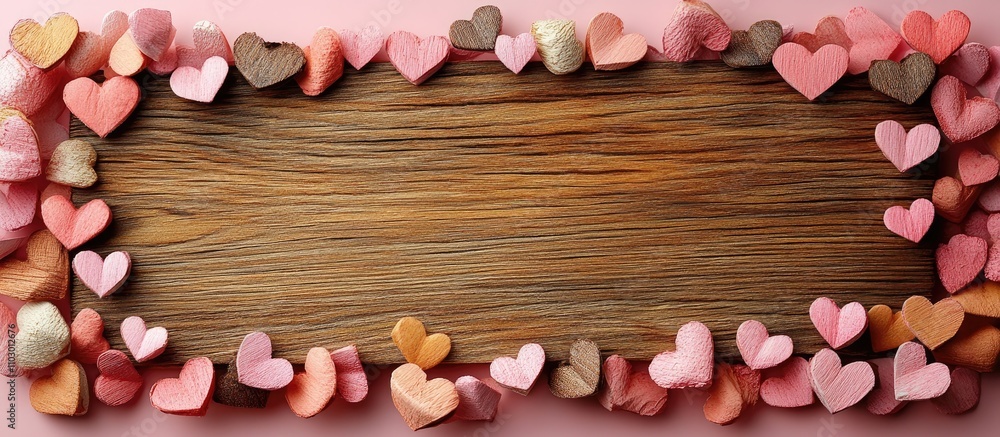 Wooden plaque surrounded by colorful paper hearts on a soft pink background for love and romance themes Wooden plaque surrounded by colorful paper hearts on a soft pink background for love and romance themes