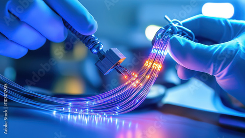 Fiber Optic High-Technology: Technicians Splicing Cables in Advanced Server Systems Innovative hands connecting colorful fiber optic cables with precision