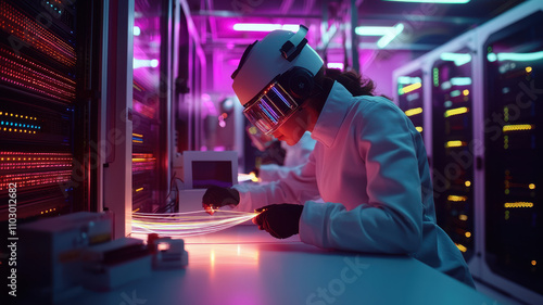 Fiber Optic High-Technology: Technicians Splicing Cables in Advanced Server Systems technician working on server equipment in high tech data center