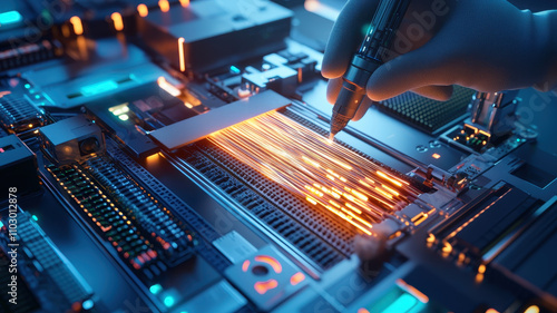 Fiber Optic High-Technology: Technicians Splicing Cables in Advanced Server Systems High tech circuit board with glowing connections and hand holding pen