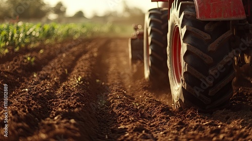 Farmer operating a tractor to till soil on the plantation. This close-up captures the garden machine in action, emphasizing agricultural tasks with ample copy space.