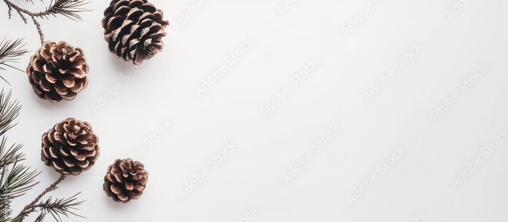 Pine cones scattered on a white background with ample copy space ideal for seasonal themes or nature-related designs Pine cones scattered on a white background with ample copy space ideal for seasonal themes or nature-related designs