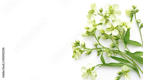 Green Hesperis Matronalis flower plant displayed on a white background. A vibrant portrayal of Sisters Rocket, perfect for a wide banner with ample copy space. photo