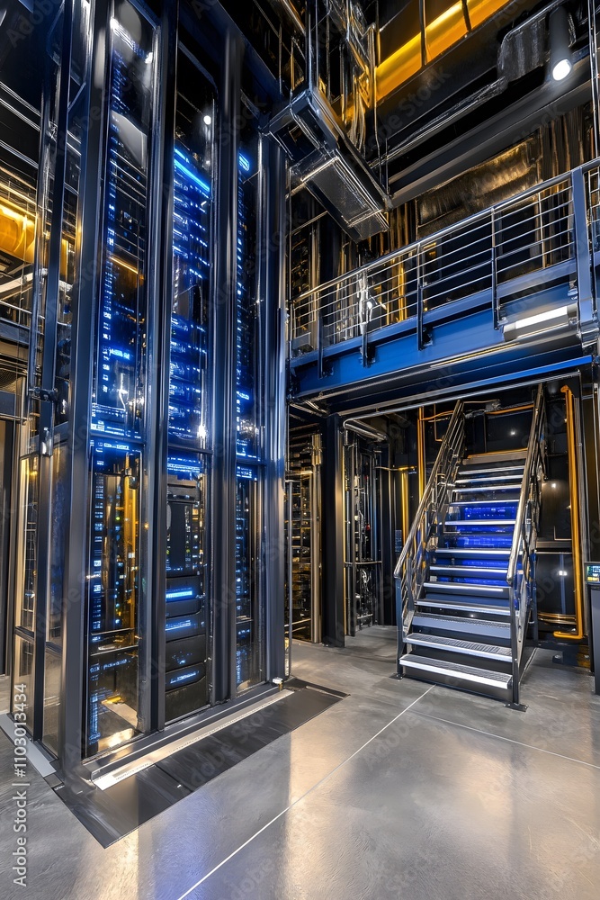 Modern industrial interior featuring elevators and a staircase with blue lighting accents. Modern industrial interior featuring elevators and a staircase with blue lighting accents.