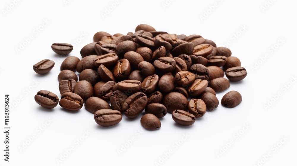 Naklejka premium Coffee beans arranged on a pristine white backdrop showcasing their rich texture and natural aroma perfect for culinary or beverage themes