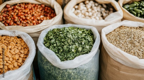 Bulk shopping for eco conscious living in a zero waste lifestyle with a variety of unpackaged natural produce grains nuts beans legumes spices and herbs for mindful sustainable grocery shopping photo