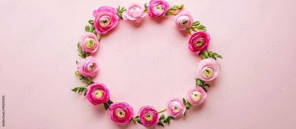 Circle frame of vibrant ranunculus flowers on a soft pink background showcasing a fresh and elegant spring theme in floral design. Circle frame of vibrant ranunculus flowers on a soft pink background showcasing a fresh and elegant spring theme in floral design.