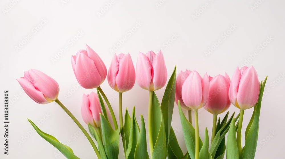 Fresh pink tulips arranged elegantly against a minimalist white backdrop highlighting their natural beauty and vibrant color. Fresh pink tulips arranged elegantly against a minimalist white backdrop highlighting their natural beauty and vibrant color.