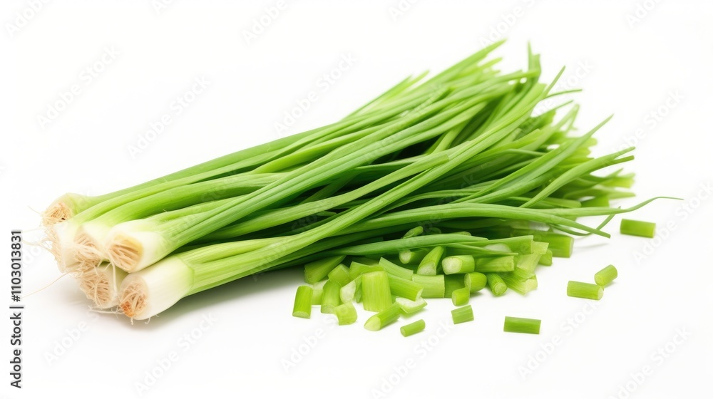 Freshly chopped green onions with whole stems on a white background showcasing vibrant colors and textures for culinary and food design use. Freshly chopped green onions with whole stems on a white background showcasing vibrant colors and textures for culinary and food design use.