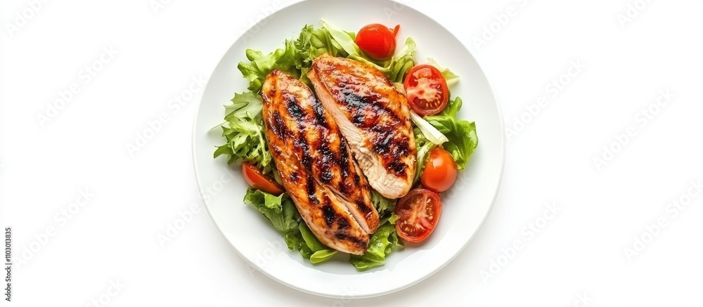 Grilled chicken fillet on fresh salad with cherry tomatoes beautifully presented on a white plate isolated on white background Grilled chicken fillet on fresh salad with cherry tomatoes beautifully presented on a white plate isolated on white background