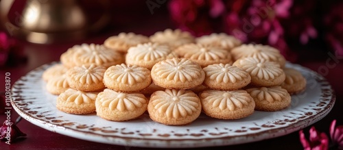 Wallpaper Mural Norwegian Krumkake cookies elegantly arranged on a vintage white platter with a rich red background showcasing festive culinary traditions. Torontodigital.ca