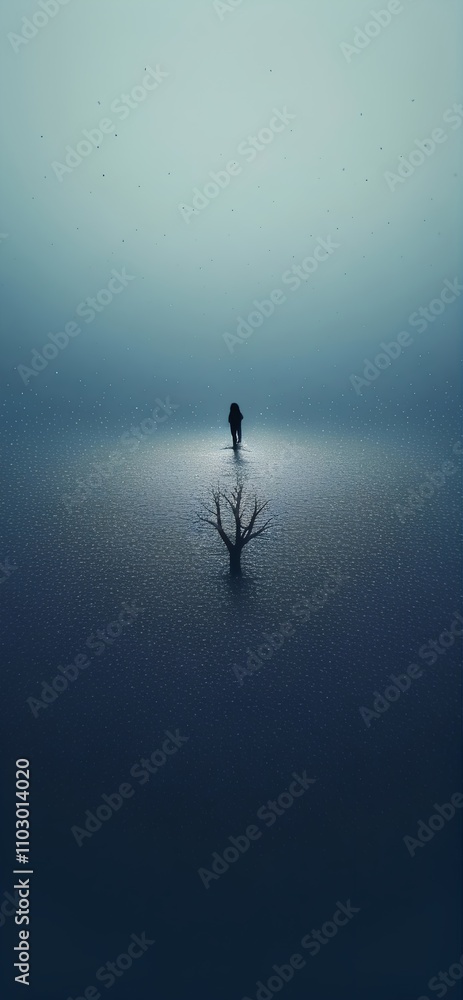 Fototapeta premium Solitary Contemplation - A tranquil scene on a rainy lake, featuring a single tree and a solitary figure.