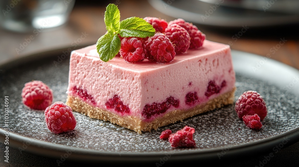 Raspberry cheesecake dessert beautifully plated with fresh raspberries and mint garnish on a dark ceramic plate Raspberry cheesecake dessert beautifully plated with fresh raspberries and mint garnish on a dark ceramic plate