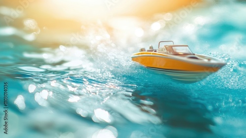 Toy motor boat glides through crystal-clear blue water under bright sun rays. This image captures the charm of a toy motor boat in motion, with a soothing backdrop and ample space for text. photo