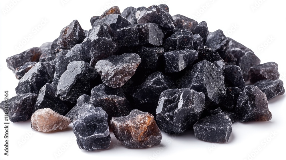 Himalayan black rock salt granules arranged on a white background showcasing texture and color contrast from a top perspective
