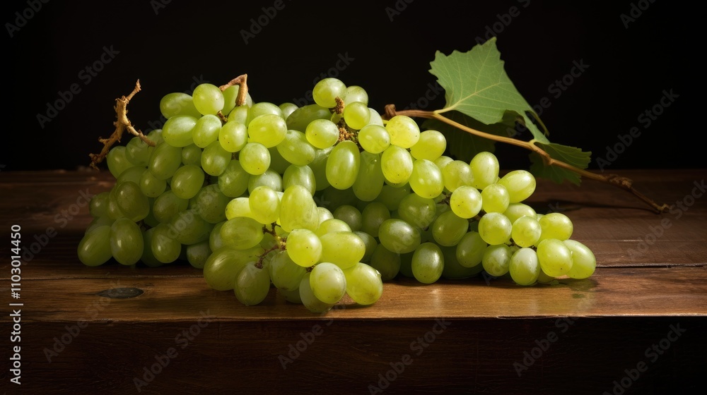 Fresh green grapes on a rustic wooden surface with dark background showcasing their vibrant color and natural beauty. Fresh green grapes on a rustic wooden surface with dark background showcasing their vibrant color and natural beauty.