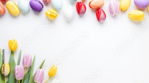 Colorful Easter eggs and vibrant tulips arranged on a white background creating a fresh and festive flat lay design for spring celebrations.