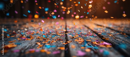 Colorful confetti scattered on a rustic wooden floor after a festive celebration creating a lively and cheerful atmosphere. photo