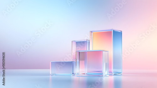 3d render, abstract geometric background, translucent glass with violet pink blue gradient, simple square shapes
