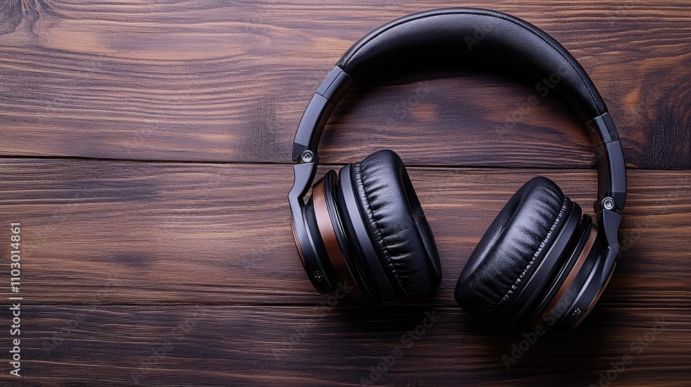 Stylish high-quality headphones resting on a wooden surface showcasing modern design and comfort for audio enthusiasts and music lovers Stylish high-quality headphones resting on a wooden surface showcasing modern design and comfort for audio enthusiasts and music lovers