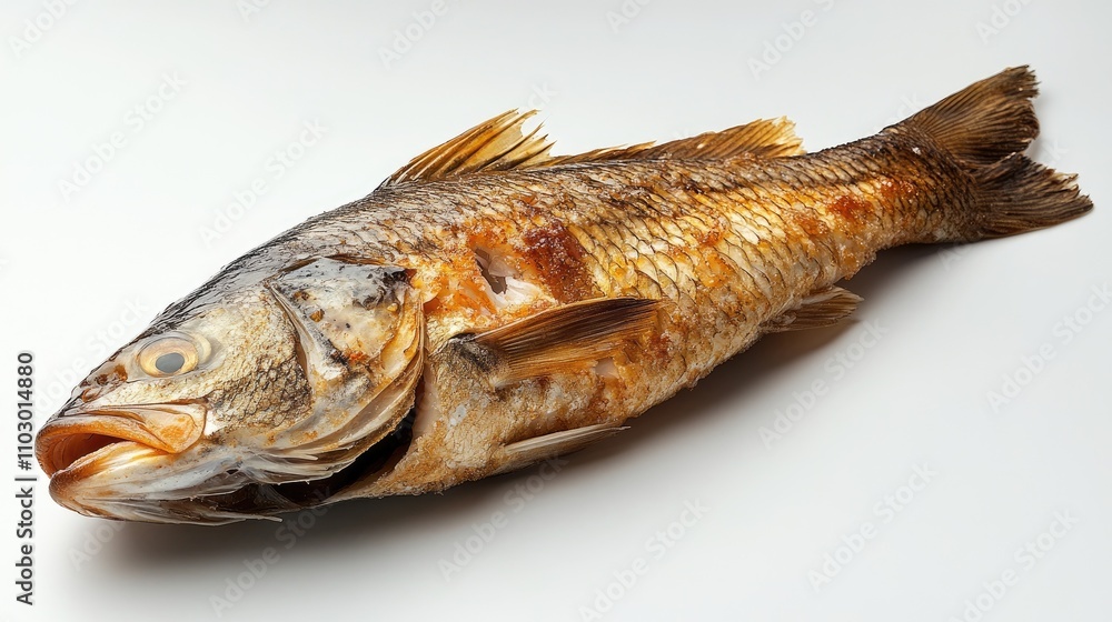 Salted fish ikan asin displayed on a white background showcasing its texture and color for culinary or cultural purposes Salted fish ikan asin displayed on a white background showcasing its texture and color for culinary or cultural purposes