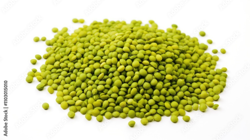 Mung beans in a vibrant green pile on a clean white background highlighting the nutritious legume's texture and color. Mung beans in a vibrant green pile on a clean white background highlighting the nutritious legume's texture and color.