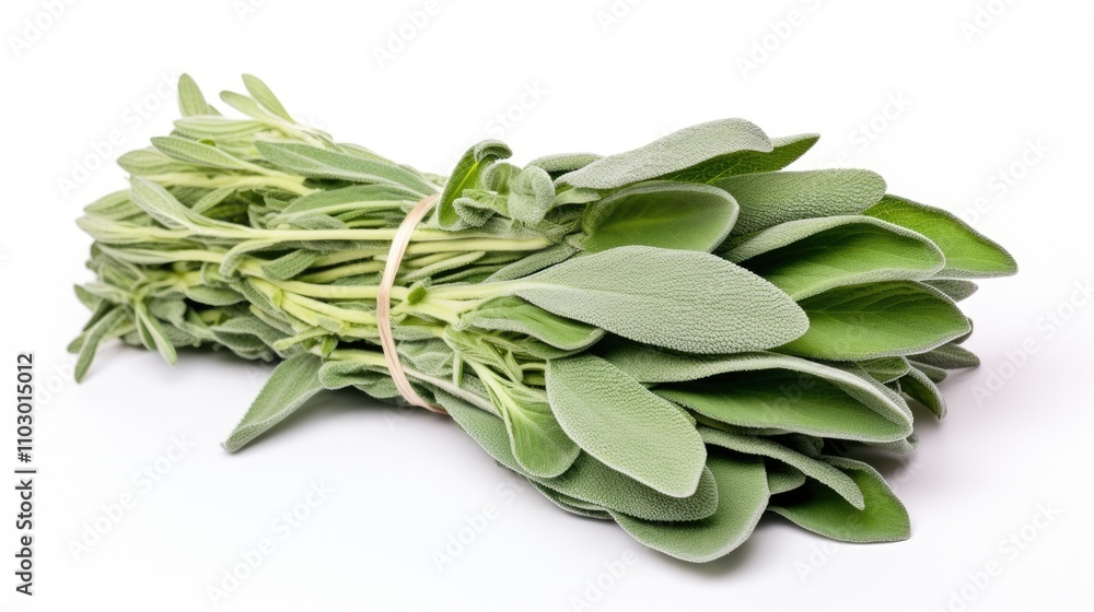 Freshly harvested sage bundle on a clean white background showcasing vibrant green leaves ideal for culinary and herbal uses. Freshly harvested sage bundle on a clean white background showcasing vibrant green leaves ideal for culinary and herbal uses.