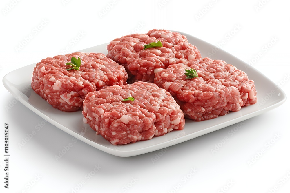 A plate of four raw hamburger patties garnished with herbs, ready for cooking. A plate of four raw hamburger patties garnished with herbs, ready for cooking.