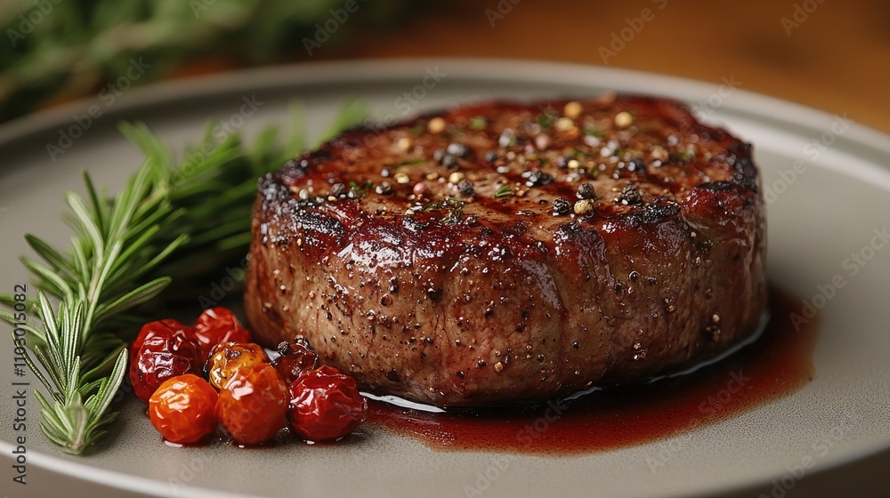 Roasted beef steak garnished with spices and rosemary presented on an elegant plate against a minimalist background for culinary visuals Roasted beef steak garnished with spices and rosemary presented on an elegant plate against a minimalist background for culinary visuals