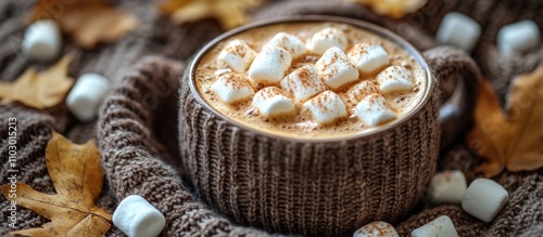 Cozy hot chocolate topped with fluffy marshmallows in a knitted sweater surrounded by autumn leaves overhead view