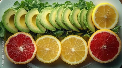 Fototapeta Naklejka Na Ścianę i Meble -  Avocado slices and citrus fruits arranged on a plate with fresh greens creating a vibrant and healthy display for culinary inspiration