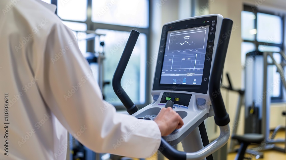 Scientist in lab coat analyzing data on a digital screen, surrounded by fitness equipment and measuring tools. Sports science,health monitoring, sports performance Scientist in lab coat analyzing data on a digital screen, surrounded by fitness equipment and measuring tools. Sports science,health monitoring, sports performance