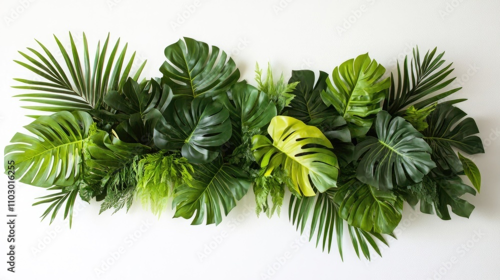 Lush arrangement of tropical monstera and palm leaves creates a vibrant green border against a clean white background, evoking a lively natural atmosphere. Lush arrangement of tropical monstera and palm leaves creates a vibrant green border against a clean white background, evoking a lively natural atmosphere.