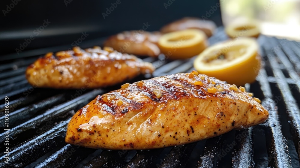 Grilled chicken breasts with golden char marks, sizzling on the grill alongside slices of lemon for added flavor and zest. Grilled chicken breasts with golden char marks, sizzling on the grill alongside slices of lemon for added flavor and zest.