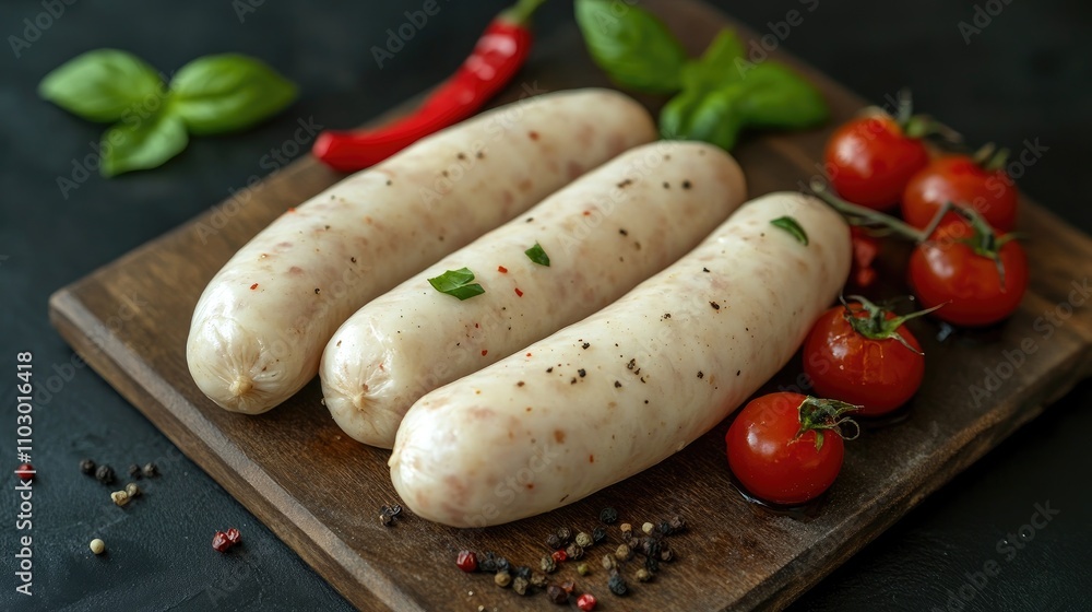 Boiled pork sausages arranged on a wooden chopping board with fresh basil, cherry tomatoes, and scattered pepper, set against a dark background. Boiled pork sausages arranged on a wooden chopping board with fresh basil, cherry tomatoes, and scattered pepper, set against a dark background.