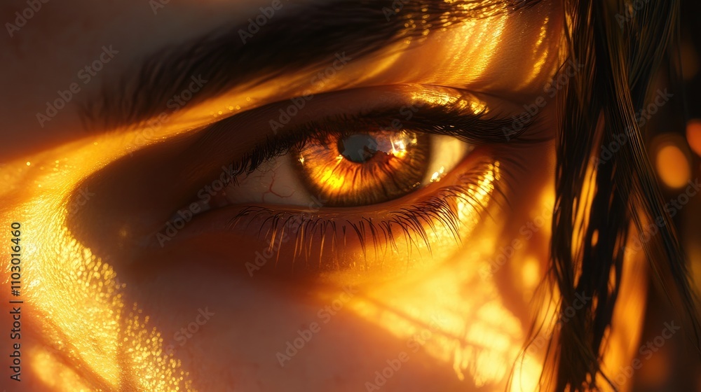 Close-up of a captivating eye featuring vivid warm hues and intricate details, illuminated by soft golden hour light. Close-up of a captivating eye featuring vivid warm hues and intricate details, illuminated by soft golden hour light.