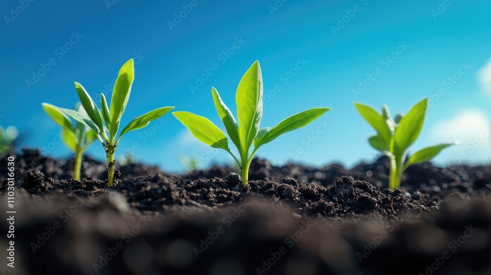 Young green seedlings emerging from rich, dark soil under a bright blue sky, symbolizing growth, renewal, and a vibrant natural environment. Young green seedlings emerging from rich, dark soil under a bright blue sky, symbolizing growth, renewal, and a vibrant natural environment.