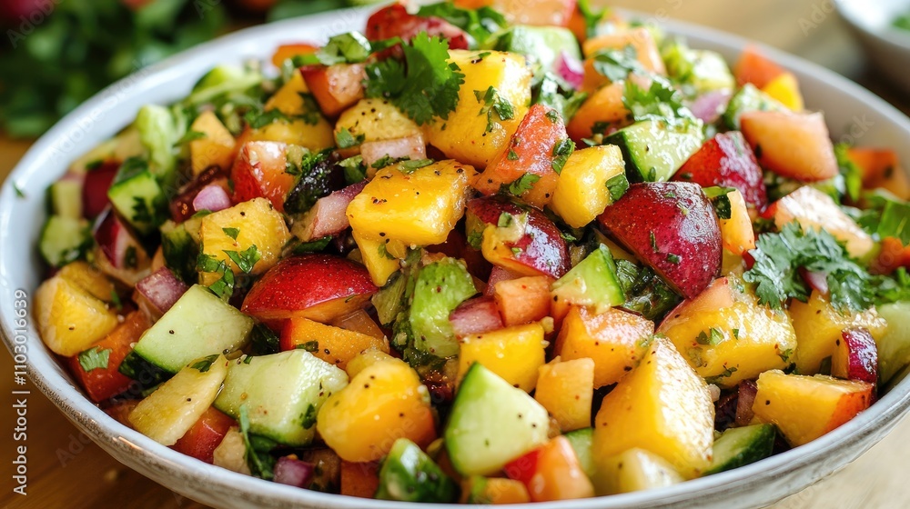 Vibrant fruit and vegetable salad with diced peaches, cucumbers, red onions, and fresh herbs in a rustic bowl, showcasing a colorful and healthy mix. Vibrant fruit and vegetable salad with diced peaches, cucumbers, red onions, and fresh herbs in a rustic bowl, showcasing a colorful and healthy mix.