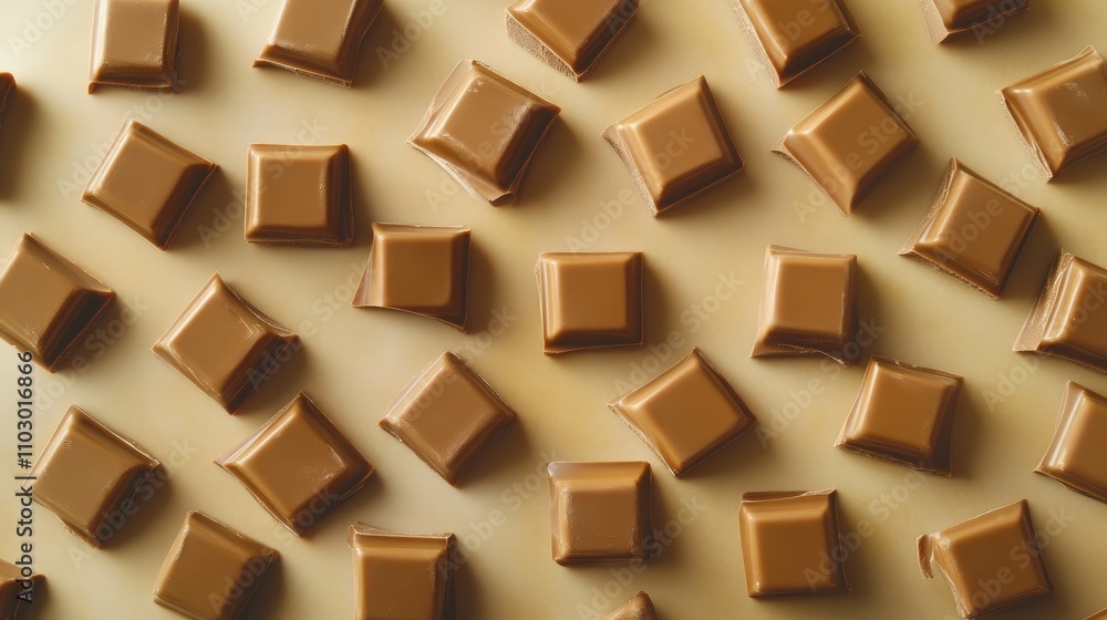 Aerial view of arranged milk chocolate squares on a smooth surface showcasing their glossy texture and uniform shape. Aerial view of arranged milk chocolate squares on a smooth surface showcasing their glossy texture and uniform shape.