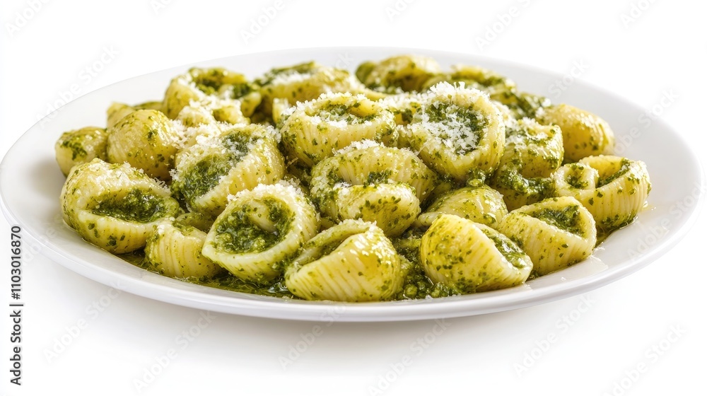 Plate of shell pasta generously coated in vibrant green pesto sauce, sprinkled with grated cheese, presented against a clean white background.