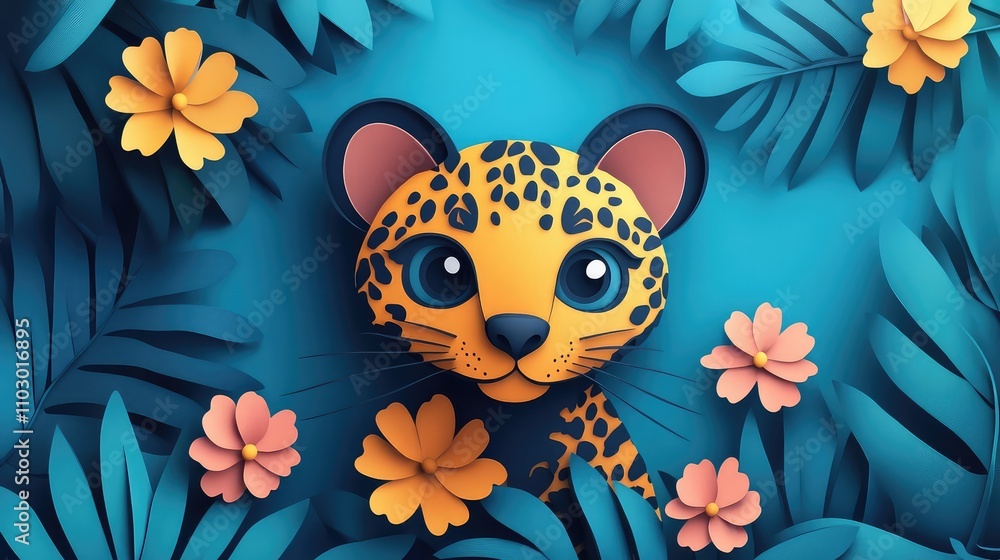 Paper Cut Art of a Cute Leopard on Blue Background Paper Cut Art of a Cute Leopard on Blue Background