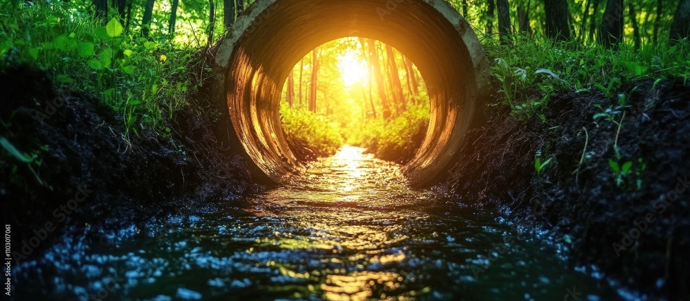 Concrete drainage pipe in forest showcasing infrastructure's role and environmental impact with sunlight streaming through greenery Concrete drainage pipe in forest showcasing infrastructure's role and environmental impact with sunlight streaming through greenery