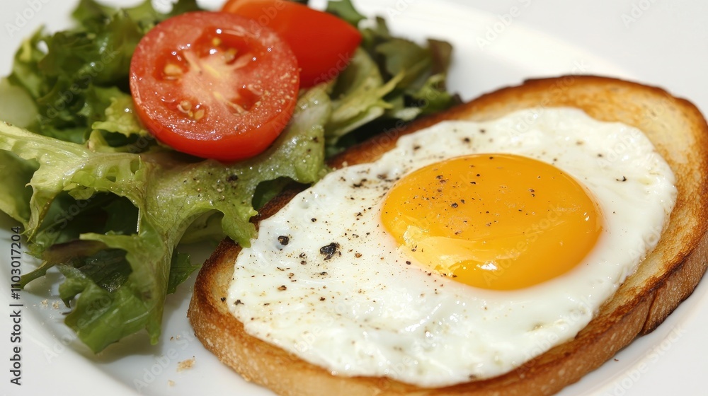 Delicious breakfast plate with a perfectly fried egg on toasted bread accompanied by fresh salad and cherry tomatoes. Delicious breakfast plate with a perfectly fried egg on toasted bread accompanied by fresh salad and cherry tomatoes.