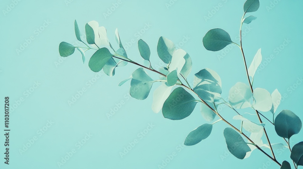 Eucalyptus branch gracefully positioned on a soft blue background with ample negative space, perfect for adding text or captions. Eucalyptus branch gracefully positioned on a soft blue background with ample negative space, perfect for adding text or captions.